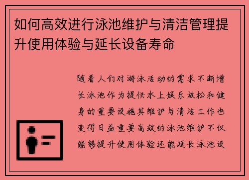 如何高效进行泳池维护与清洁管理提升使用体验与延长设备寿命