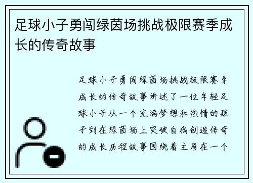 足球小子勇闯绿茵场挑战极限赛季成长的传奇故事