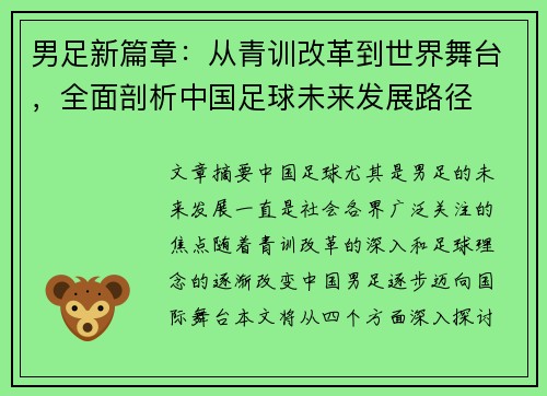 男足新篇章：从青训改革到世界舞台，全面剖析中国足球未来发展路径