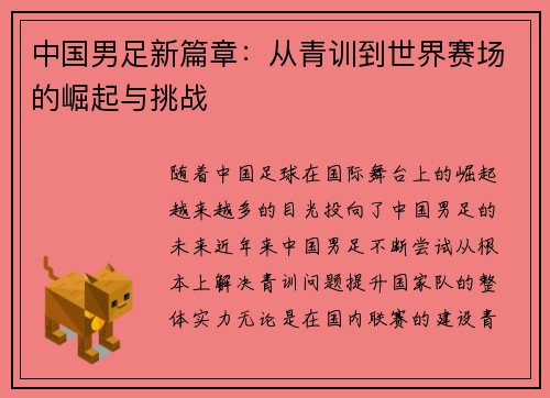 中国男足新篇章：从青训到世界赛场的崛起与挑战