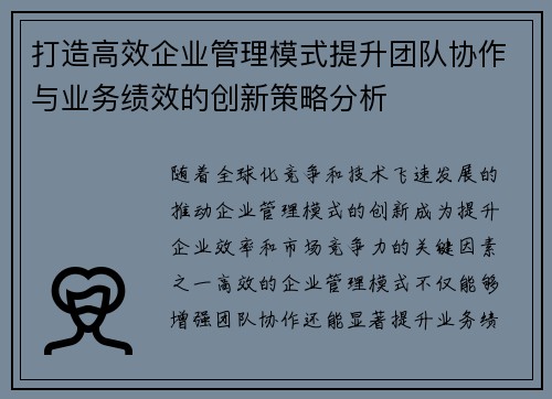 打造高效企业管理模式提升团队协作与业务绩效的创新策略分析